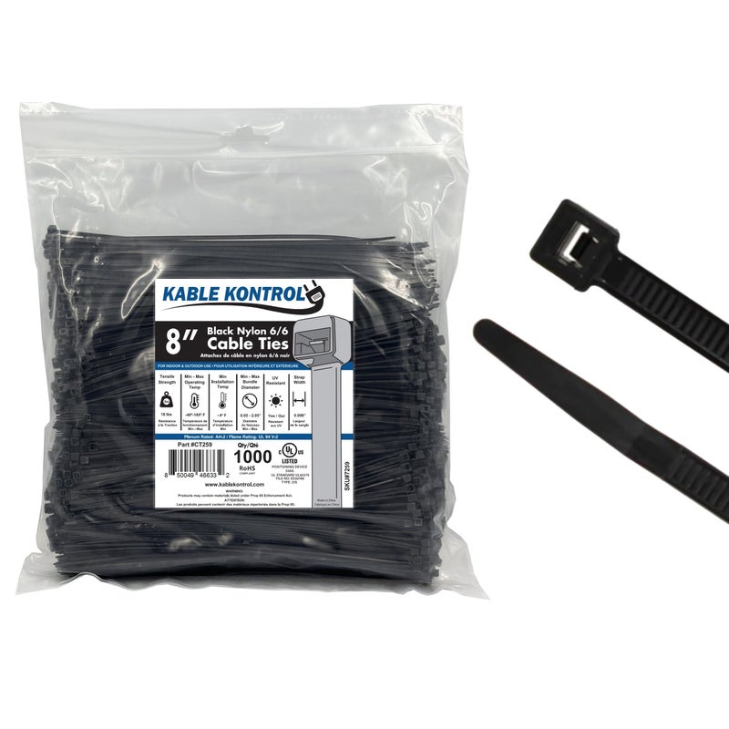 Kable Kontrol Cable Zip Ties 1000 Pcs 8 Inch Black  18 Lbs Tensile Strength  Self-locking UV Resistant Plastic Nylon Wire Ties  for Indoor or Outdoor Use - Image 1